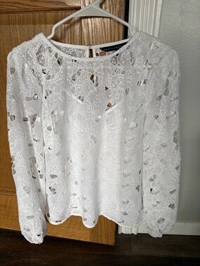 White House Black Market White Floral Cutout Lace Long-Sleeve Blouse